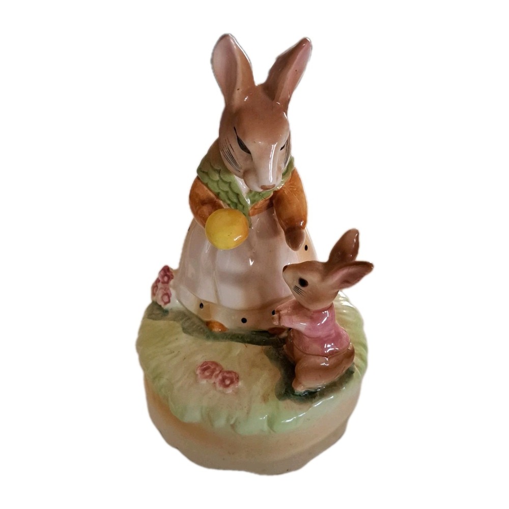 Vtg Lefton Easter Bunnies Ceramic Mother & Child Bunny Rabbit Music Box - WORKs